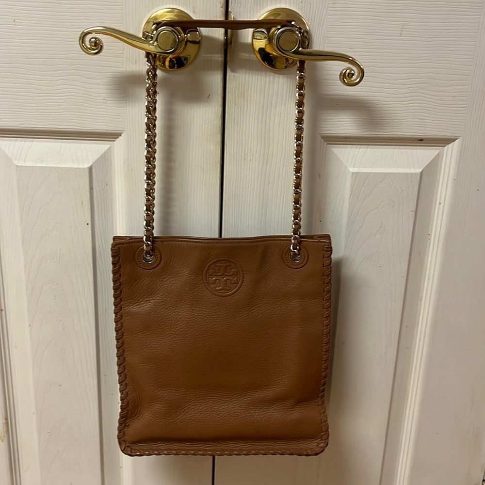 Tory Burch Cognac Brown Shoulder or Crossbody Bag Gold Chain and Leather Handle